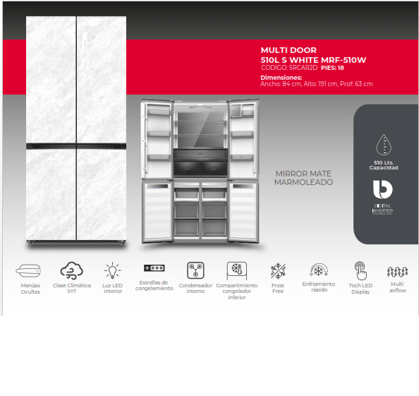 REFRIGERADORA MRF-510W color blanca Marmoleada 4 puertas 520L