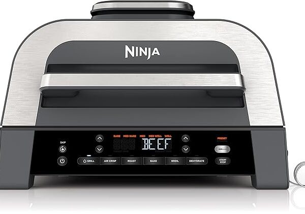 Parrilla de interior Ninja DG551 Foodi Smart XL 6 en 1 con freír al aire, asar, hornear, rostizar y deshidratar, termómetro inteligente Foodi Smart, segunda generación, negro/plata
