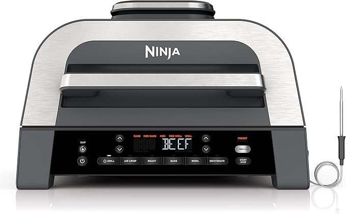 Parrilla de interior Ninja DG551 Foodi Smart XL 6 en 1 con freír al aire, asar, hornear, rostizar y deshidratar, termómetro inteligente Foodi Smart, segunda generación, negro/plata